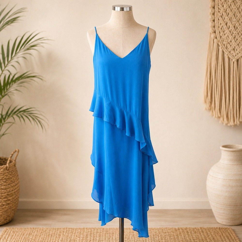 Bright Blue Ruffle Asymmetrical Krisa Faux Wrap Dress Women's Medium REVOLVE NWT